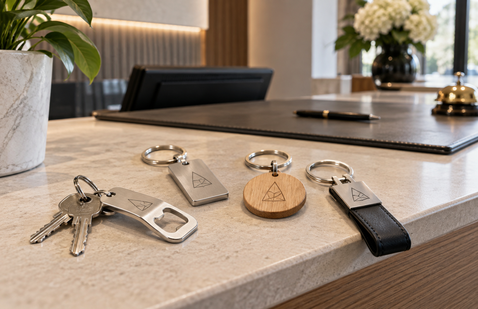 Four branded metal, wood and leather keyrings with an engraved geometric logo on a reception desk