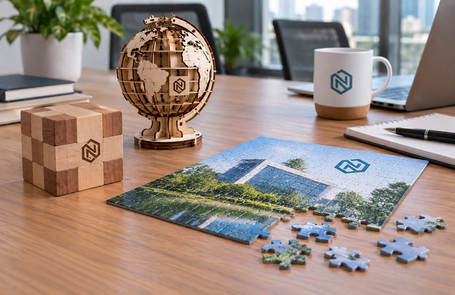 Custom corporate puzzle and wooden brain teasers on an office table