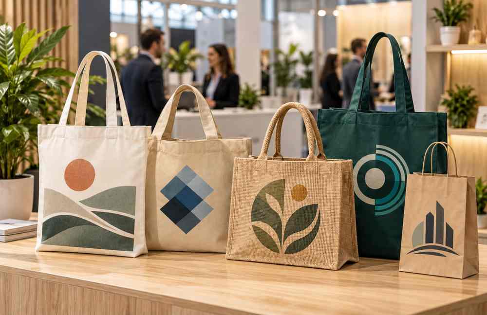 Five fabric, jute and paper bags with different company logos and printed designs at a trade show
