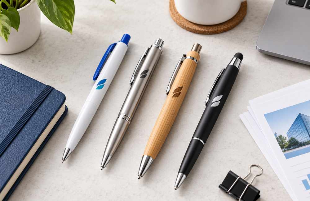 Personalised pens with logo in different styles on an office desk
