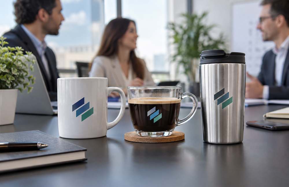 Personalised mugs with corporate logo on a meeting room table