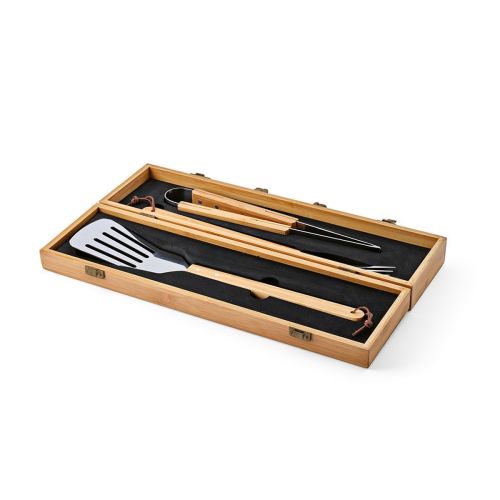 TURNER - Barbecue Set Bamboo. With Case, Tong, Fork & Spatula