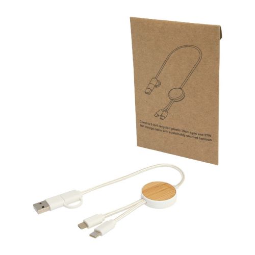 W -Chechia 5-in-1 recycled plastic 30 cm data sync and 27 fast charge cable with bamboo details