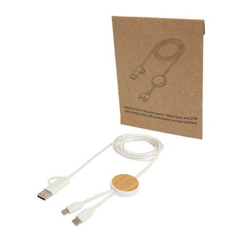 W -Chechia 5-in-1 recycled plastic 150 cm data sync and 27 fast charge cable with bamboo details
