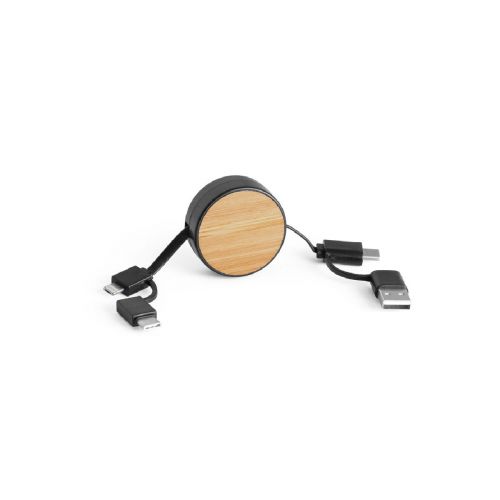 RUBINS - 6-in-1 retractable USB cable in recycled ABS (100% rABS) and bamboo