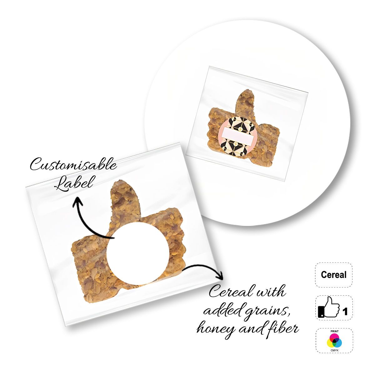 CEREAL4MAT - cereal bar, different shapes, 77x72 mm (etichetta diametro 40mm) | GL811103A