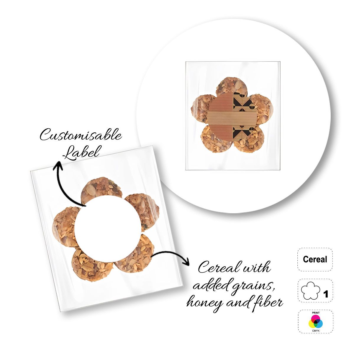 CEREAL4MAT - cereal bar, different shapes, 64x64 mm (etichetta diametro 40mm) | GL811103E