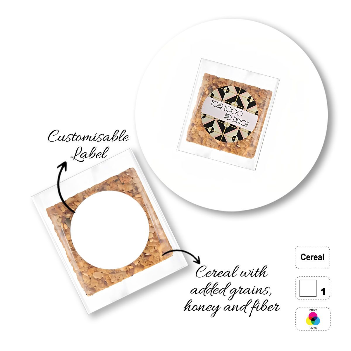 CEREAL4MAT - cereal bar, different shapes, 65x65 mm (etichetta diametro 50mm) | GL811103G