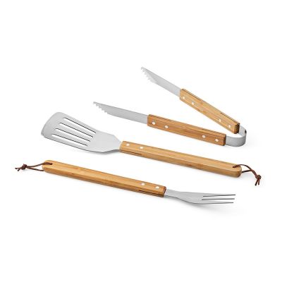 TURNER - Barbecue Set Bamboo. With Case, Tong, Fork & Spatula