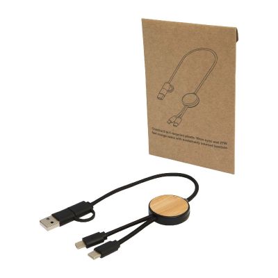 W -Chechia 5-in-1 recycled plastic 30 cm data sync and 27 fast charge cable with bamboo details