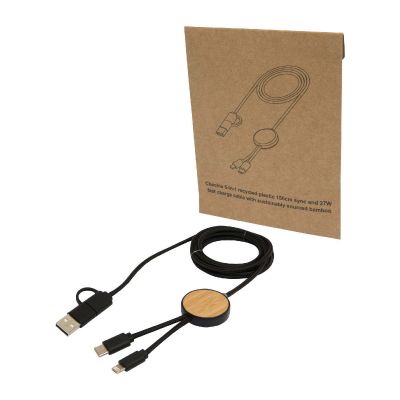 W -Chechia 5-in-1 recycled plastic 150 cm data sync and 27 fast charge cable with bamboo details