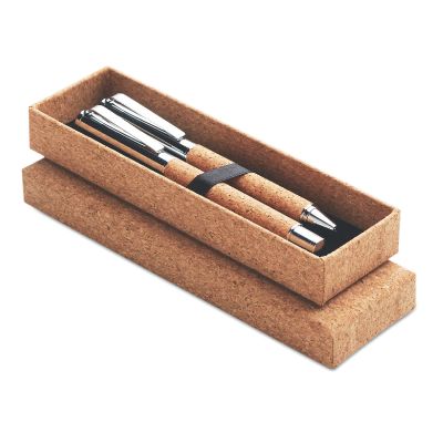 QUERCUS - Metal ball pen set in cork box