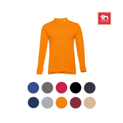 THC BERN - Men's long-sleeved 100% cotton piqué polo shirt with removable label