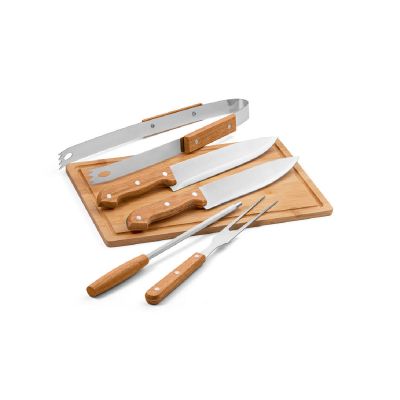 FLARE - Five-piece wooden and stainless steel barbecue set with bamboo board