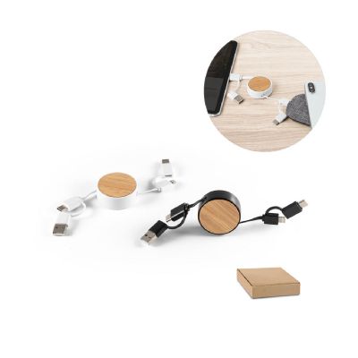 RUBINS - 6-in-1 retractable USB cable in recycled ABS (100% rABS) and bamboo