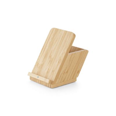 LEAVITT - Smartphone holder and ballpoint holder with 10W fast wireless charger in bamboo