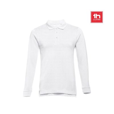 THC BERN WH - Men's long-sleeved 100% cotton piqué polo shirt with removable label