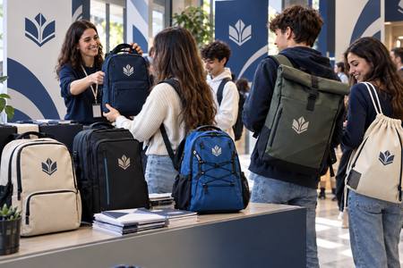 Custom backpacks handed out during a university open day