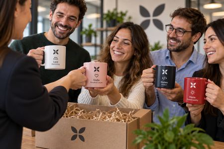 Custom mugs given to employees in the office