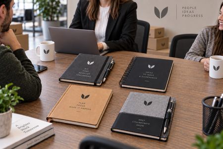 Custom notebooks and notepads on an office desk