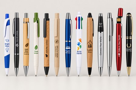 Custom pens in different models and materials, including NFC and USB