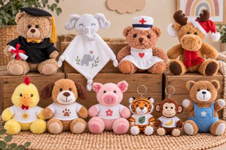 Assorted promotional plush animals with different designs and customisation options