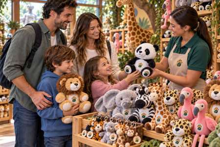 A family choosing branded plush animals in the gift shop of a zoo