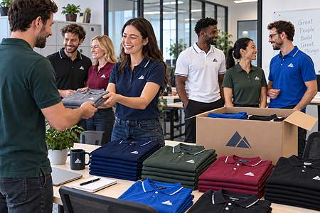 Employees receiving custom polo shirts at the office