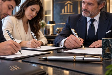 Custom roller pens used to sign documents in a bank