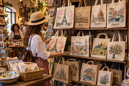 Custom shopper bags displayed in a souvenir shop