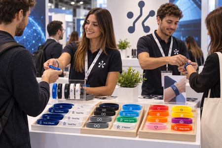 Custom silicone wristbands displayed at a tech trade show booth