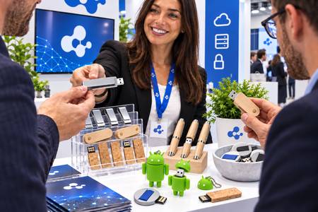 Custom USB flash drives at a technology trade show booth