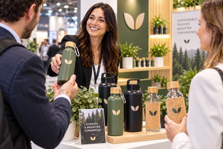 Personalised water bottles handed out to visitors at a trade show