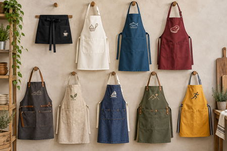 Nine personalised aprons in different styles, colours and materials with themed symbols.