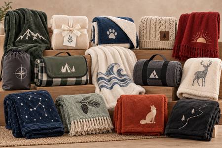 Comparison of personalised fleece, sherpa and knitted blankets in different colours and sizes