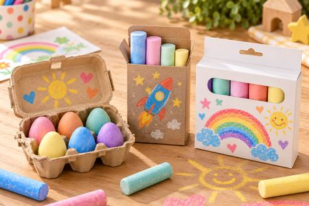 Personalised chalk sets with colourful sticks and egg-shaped chalks on a table.