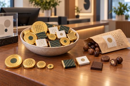 Personalised chocolates in different formats on a reception counter