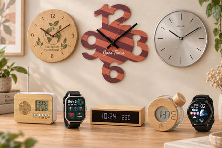 Personalised clocks and watches in different models and materials on table and wall