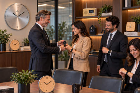 Personalised clocks in a modern office with watch gifts for employees