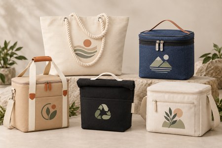 Five models of personalised cooler bags in natural materials, with different prints and colours.