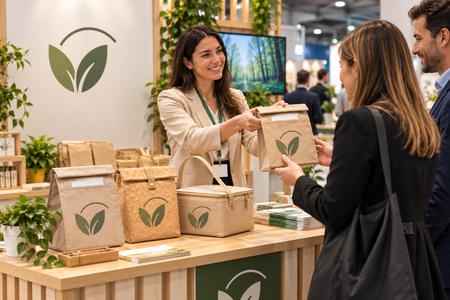 Personalised cooler bags in natural materials with one matching logo, distributed at a trade fair stand.