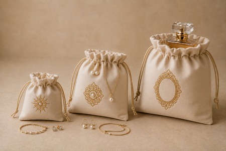 Personalised cotton gift pouches with jewellery and perfume