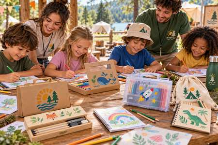 Children and activity leaders using Personalised Drawing sets at a summer camp