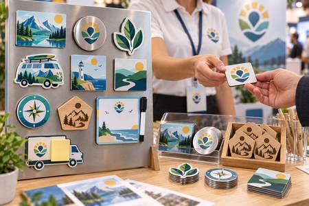 Printed Magnets & Fridge magnets with coordinated designs distributed at a trade show stand