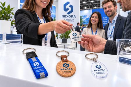 Branded personalised keyrings handed out at a trade show