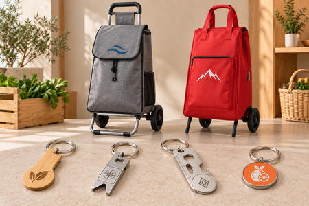 Four personalised trolley coin keyrings, including one in bamboo, and two shopping trolleys.