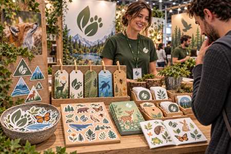 Nature-themed Personalised Stickers & labels displayed at a trade fair stand