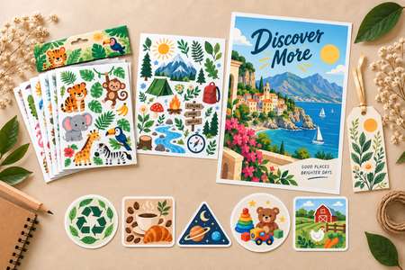 Personalised Stickers & labels in assorted shapes with an A4 travel poster