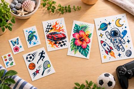 Promotional Tattoos on sheets in various sizes with sports, car, flower and astronaut designs