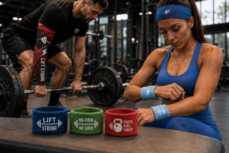 Athletes in a gym with personalised wristbands, headband and arm sleeve
